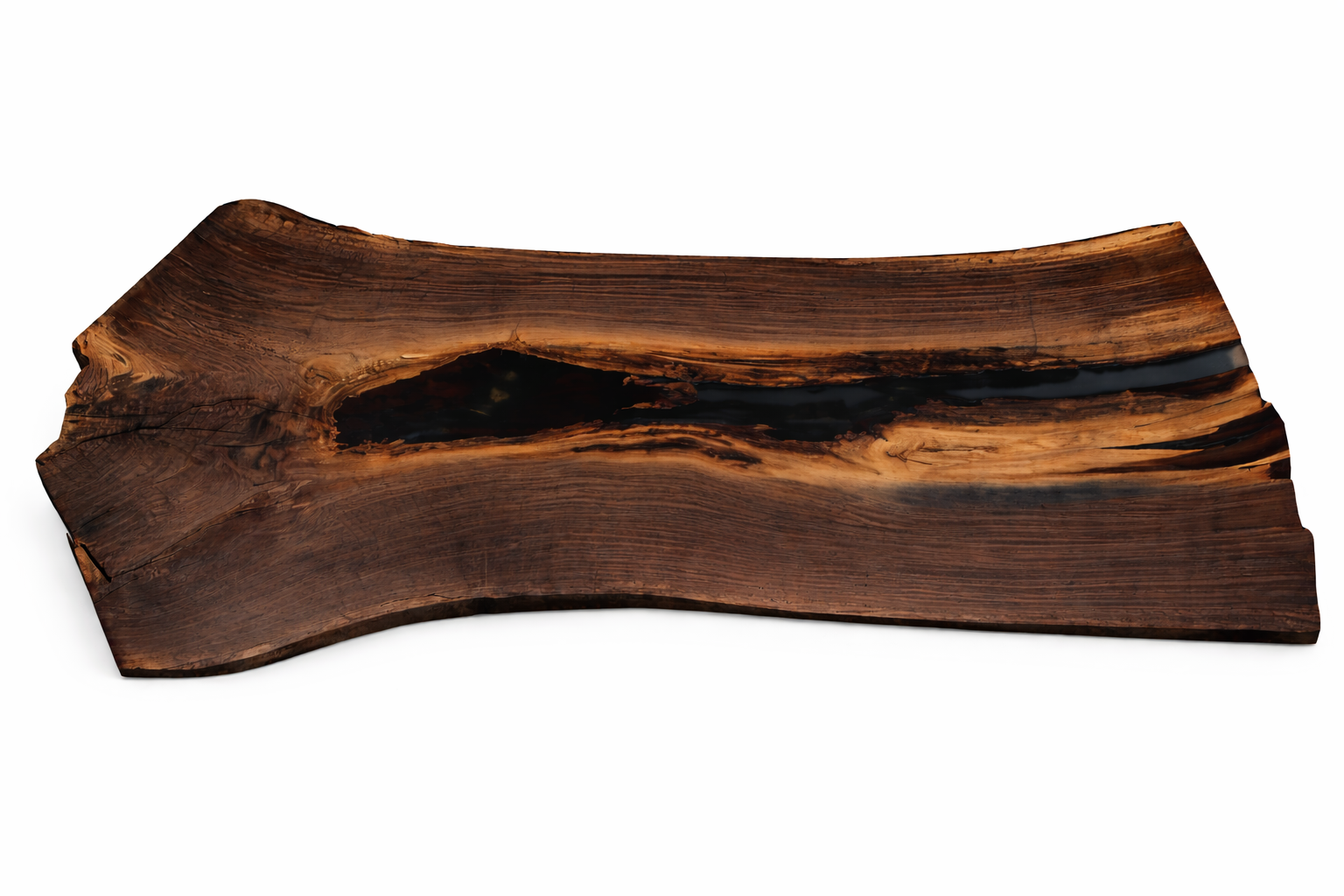 Wooden serving board with a natural, dark finish on a white background